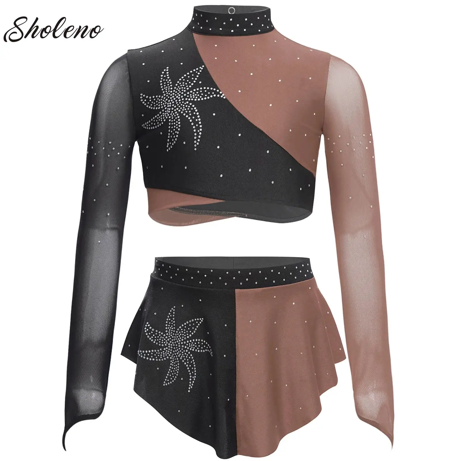 

Girls Ballet Lyrical Dance Dresses Costume Sparkly Rhinestones Modern Dance Tops Skirt Set Figure Skating Performance Outfits