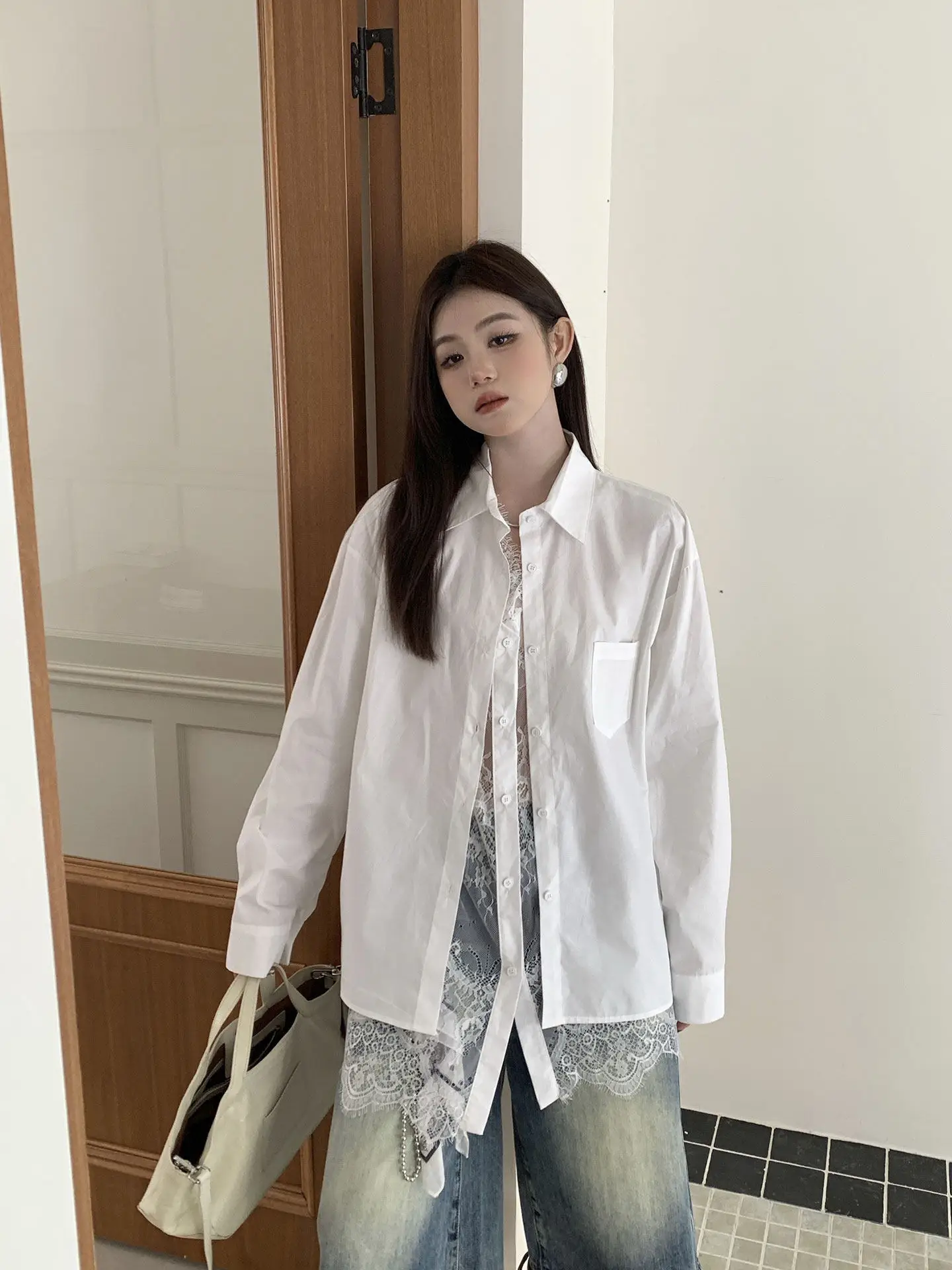 

Women Lace Mesh Patchwork Shirt French Style Loose Oversized Blouse Long Sleeve Button Up Casual Chic Top Elegant Fashion Loose