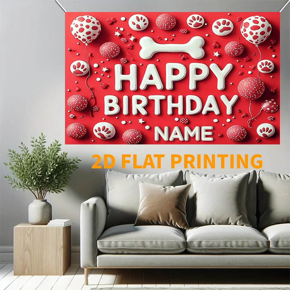 1pc  Red Paw Print Dog Happy Birthday Backdrop Custom Name Pet Birthday Party Banner Decoration - view 4