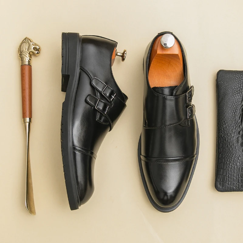 

Luxury Buckle Man Dress Shoes High Quality Leather Men's Wedding Shoes Comfortable Pointed Black Business Shoes Men Party Shoes