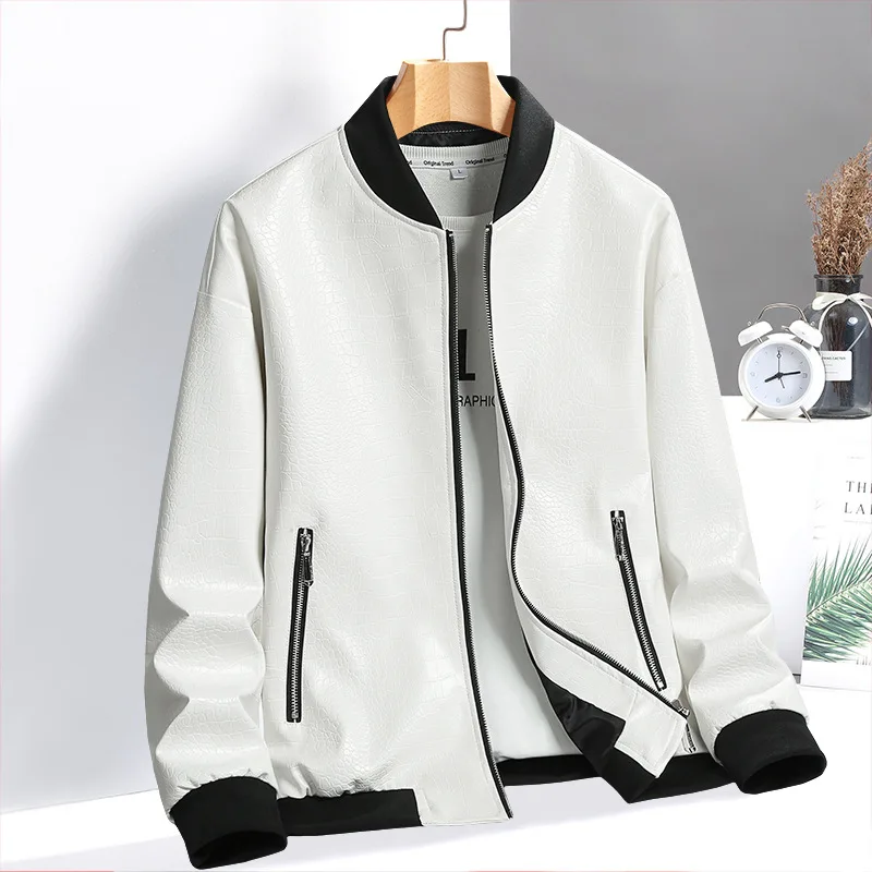 New baseball collar leather alligator ribbed line jacket Fashion trend zipper shoulder leather jacket for men