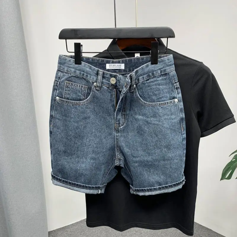 Ropa de calle Simple y a la moda para hombre, ropa de diseñador de lujo azul, pantalones vaqueros lavados ajustados para novio, ropa de calle rasgada