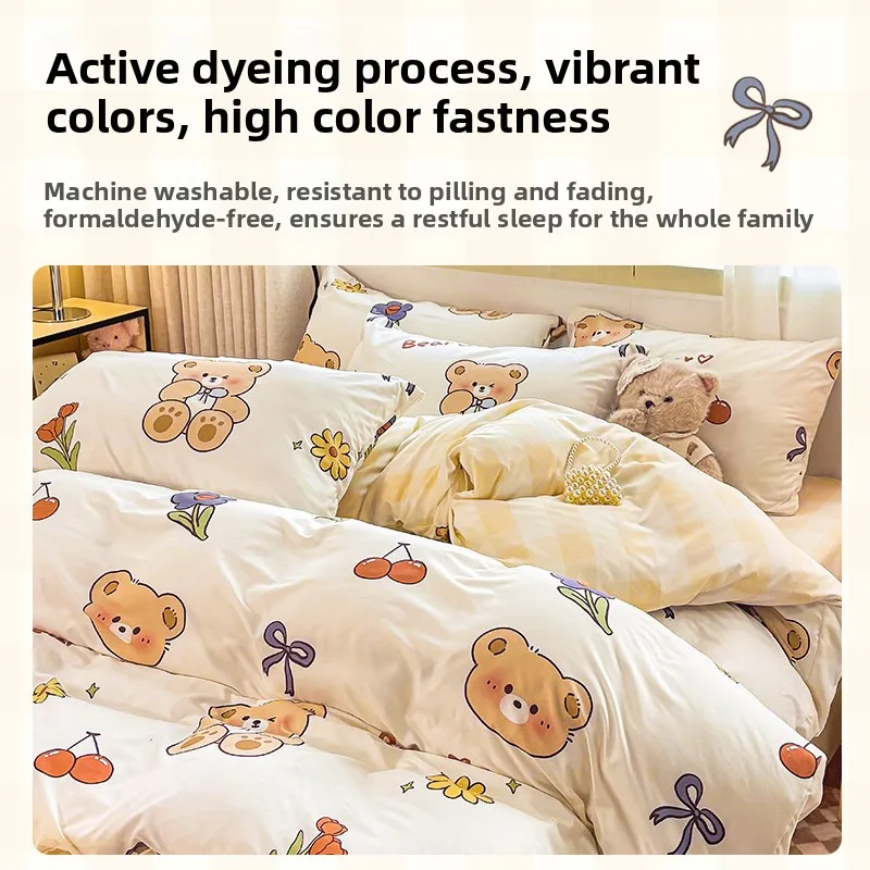 Washed Cotton Bedding Set Single Bed Three Piece Set Student Dormitory Pure Color Four Piece Set Bed Sheet Duvet Cover Quilt