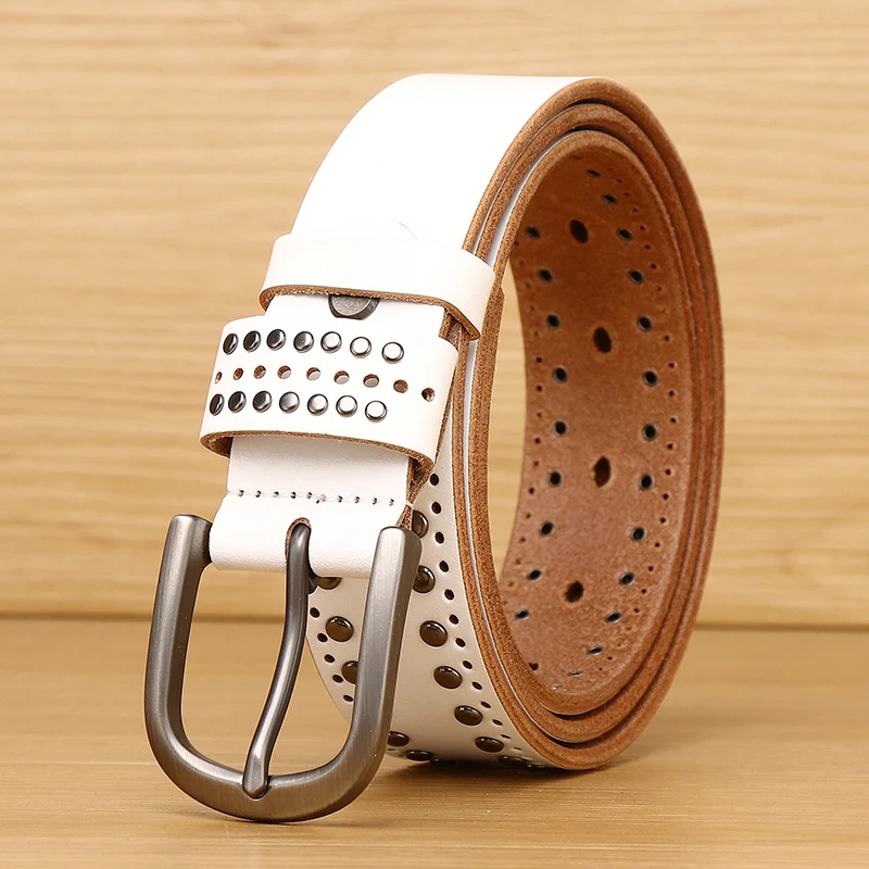 Clickclark Mens/ Women Studded Genuine Leather Belts For Jeans Vintage Retro Circle Rivets Belt With Buckle Black / White