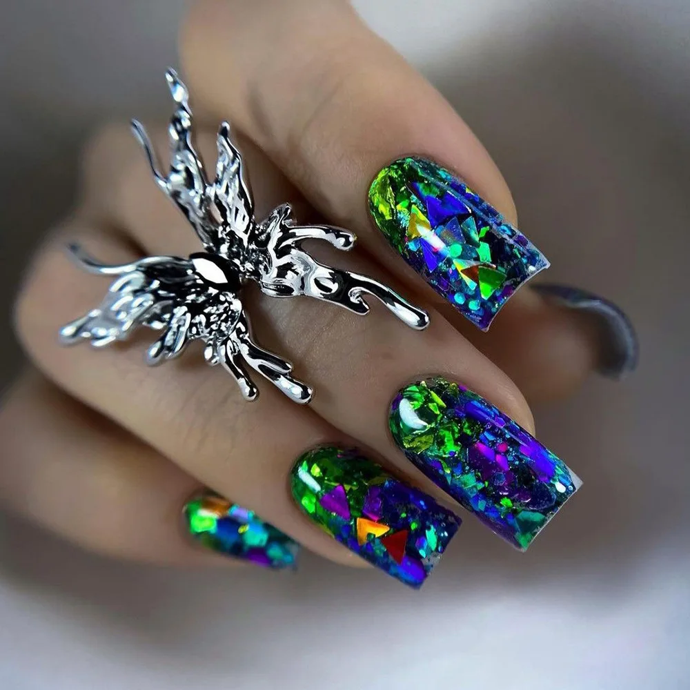 

Накладные ногти с блестками, серебряной и золотой фольгой, для самостоятельного декорирования, синие, с блестками, французский маникюр, короткие квадратные, искусственные ногти, эффектные.