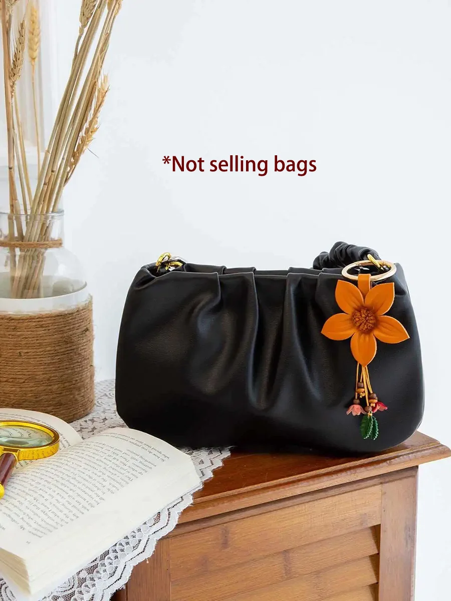 Nordic Ins Creative Floral Cowhide Leather Bag Charm Keychain Handbag Decorative Accessories Top Layer Small Gifts Bag Pendant