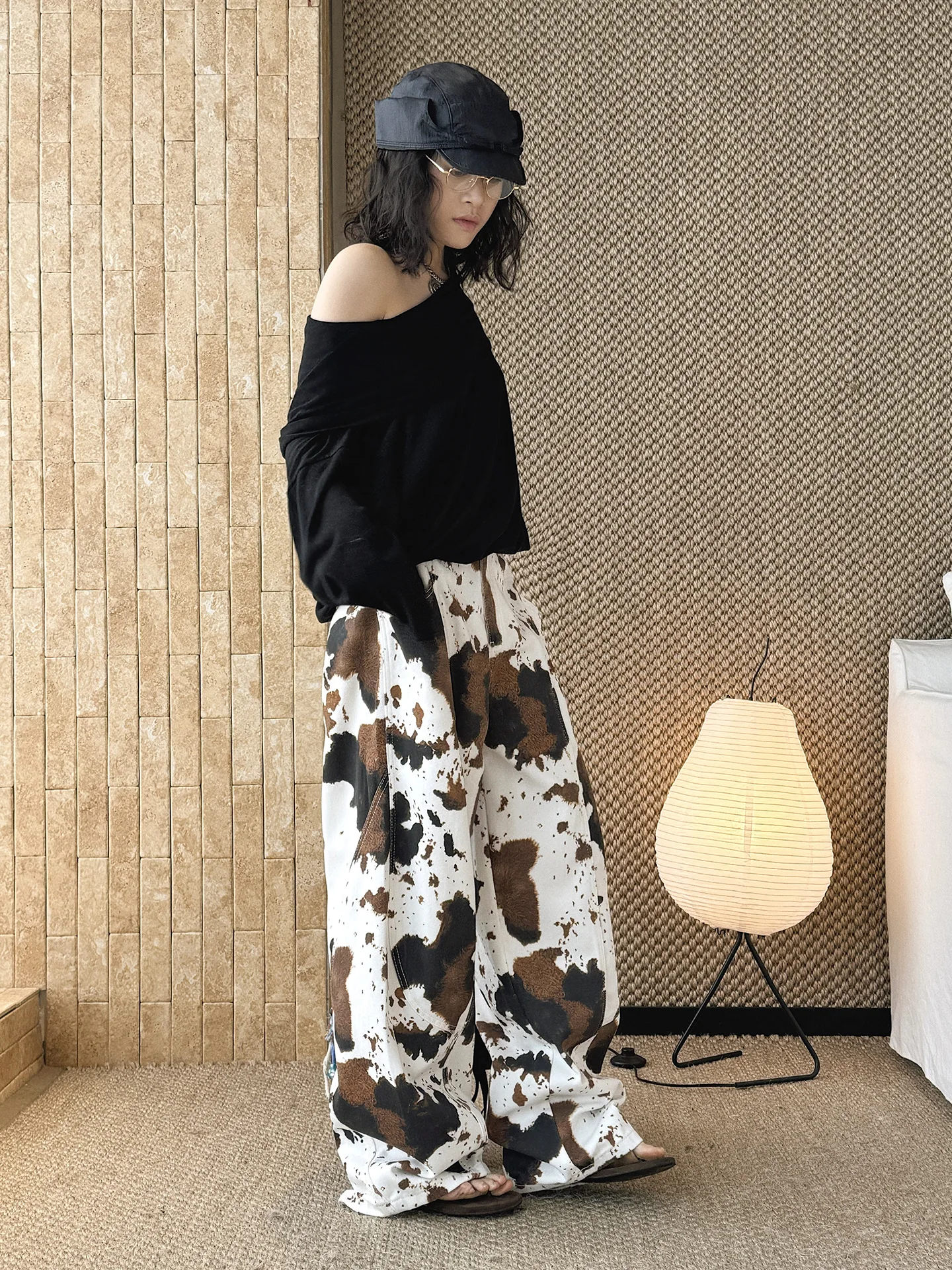 Women's High-Waist Cow Print Wide-Leg Jeans