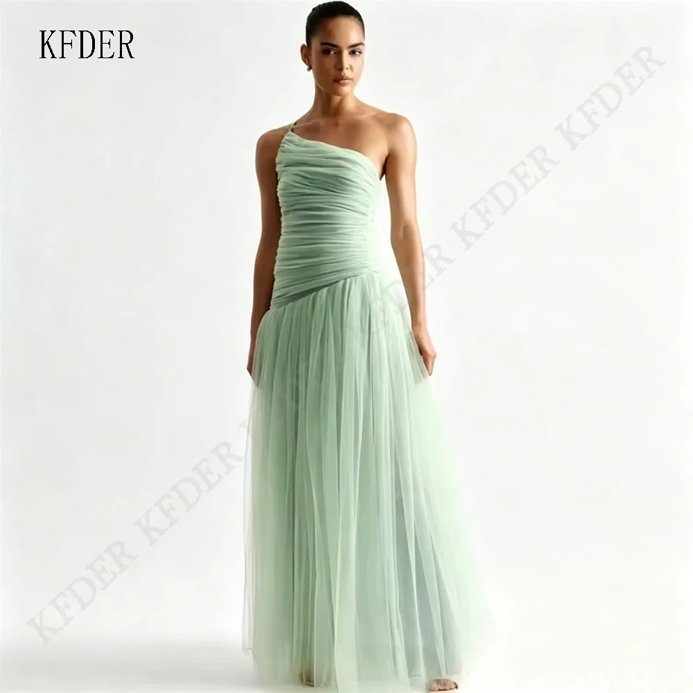 

Green One-Shoulder Prom Dresses Gowns Floor-Length A-Line Elegant Lady Sleeveless Tulle Formal Party Gowns Dress