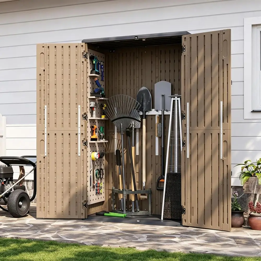 

Durable 64 Cu.ft. Outdoor Storage Shed with Floor, Waterproof Cabinet for Garden and Pool Gear, Brown
