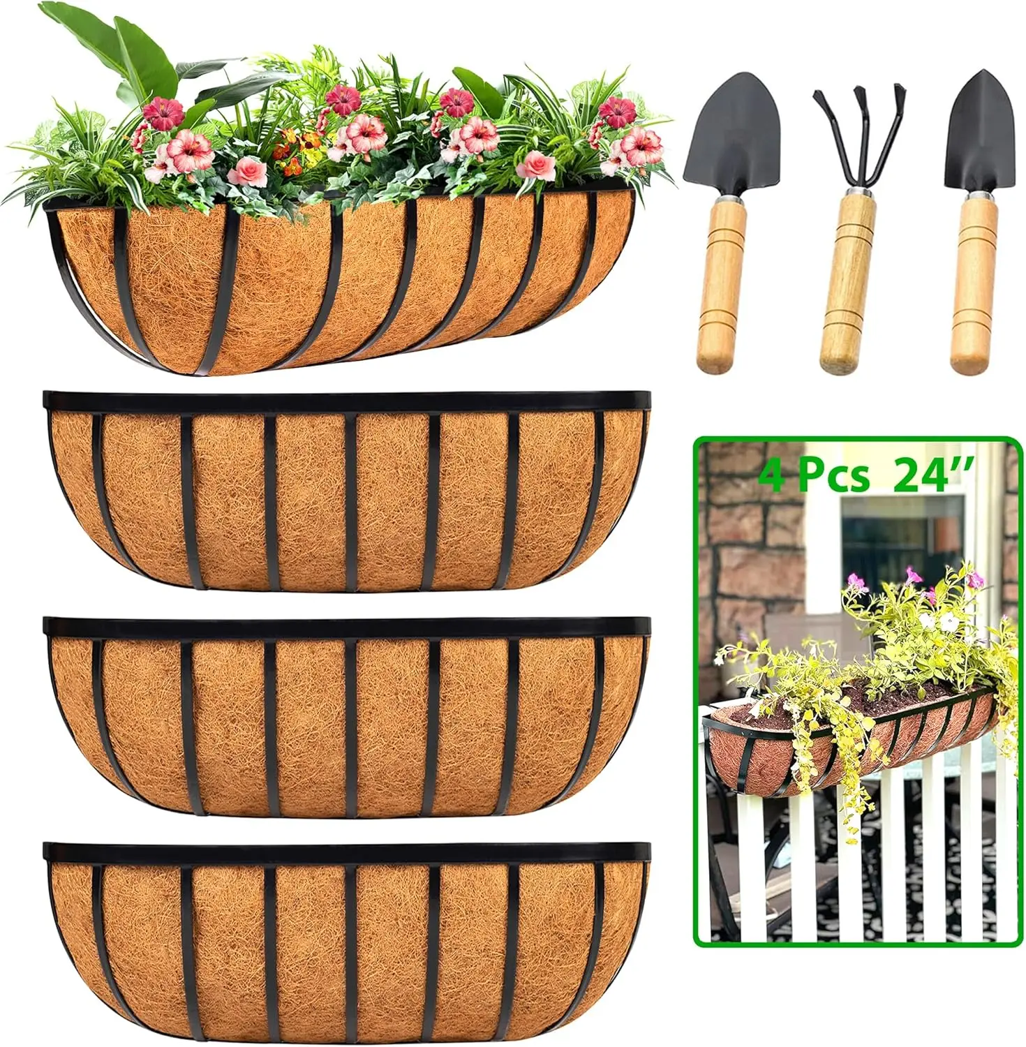 

24-дюймовое кашпо для балконных перил с вкладышем из кокосового волокна, набор из 4 металлических подвесных корзин для цветов для сада на открытом воздухе