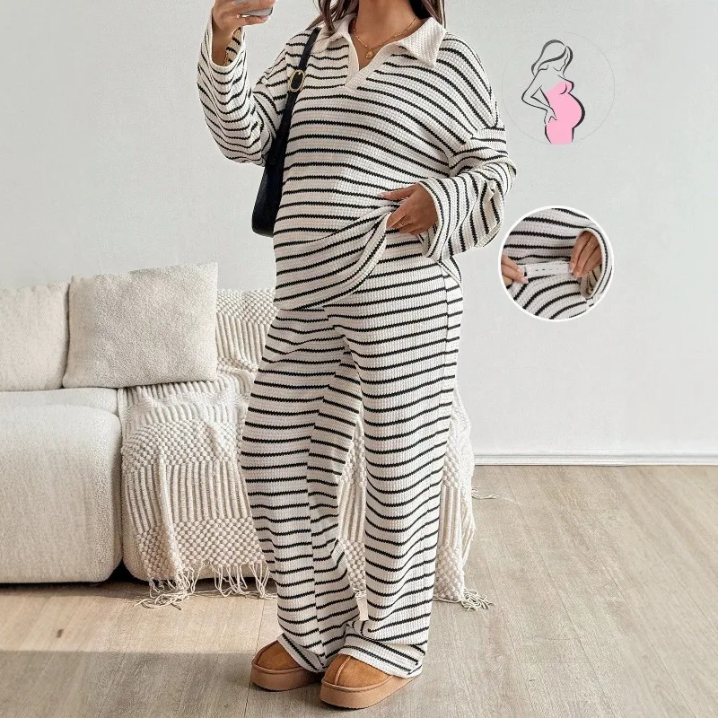 2PCS Autumn Winter Casual Pregnancy Clothes Lapel Knitwear Pregnant Woman Outfit Adjustable Waist Loose Pants Set