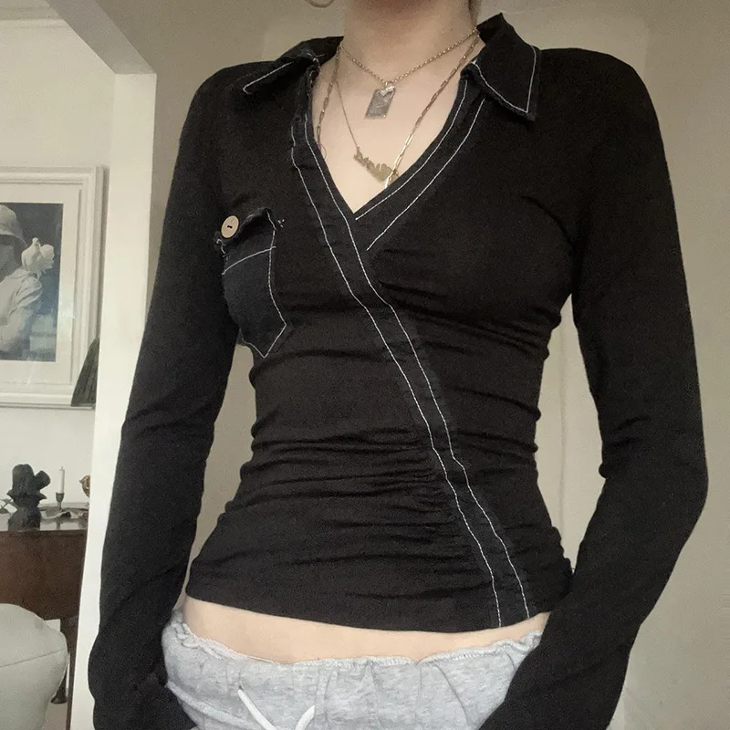 Niche American Style Workwear POLO Collar Slim Fit Long Sleeved T-Shirt With Contrasting Color And Visible Thread Casual Base