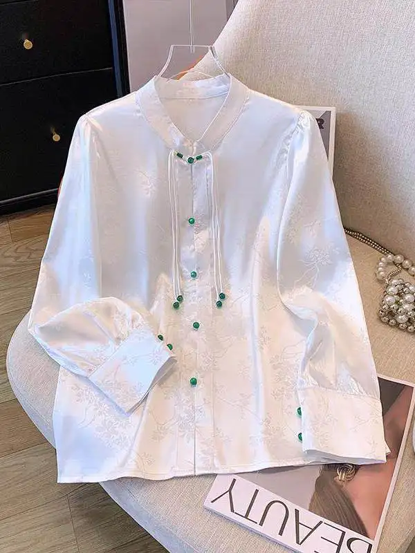 

Loose plus Size Women's Shirt Traditional Chinese Style Spring Summer Thin Retro Button up Top Breathable Polyester Long Sleeve