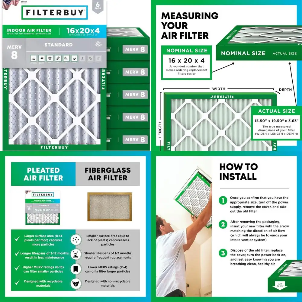

MERV 8 16x20x4 плиссированные воздушные фильтры, 6 шт., замена для печи переменного тока, защита от пыли