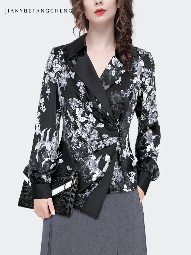 Fashion Women' Suit Collar Black Floral Blouse Satin Print Tops Long Sleeve Slim Asymmetrical Shirt Ladies Spring Summer Tops