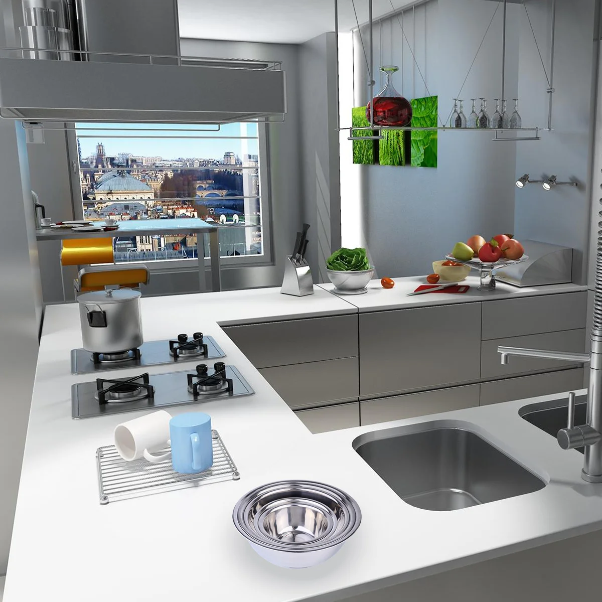 

5 pcs Stainless Steel Salad Bowl Set Large Capacity Different Sizes For Mixing Eggs Vegetables Kitchen Supplies Household Wash