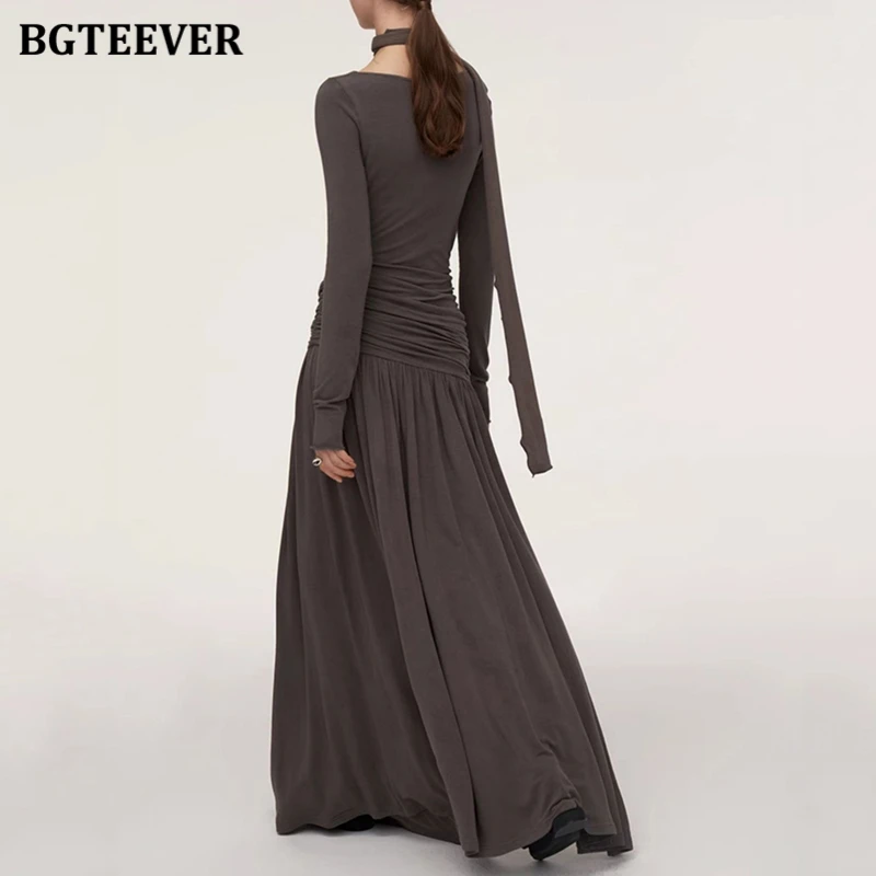 BGTEEVER Elegant Slim Waist Female Knitted Long Dress Long Sleeve Swinging Collar Women A-line Dress