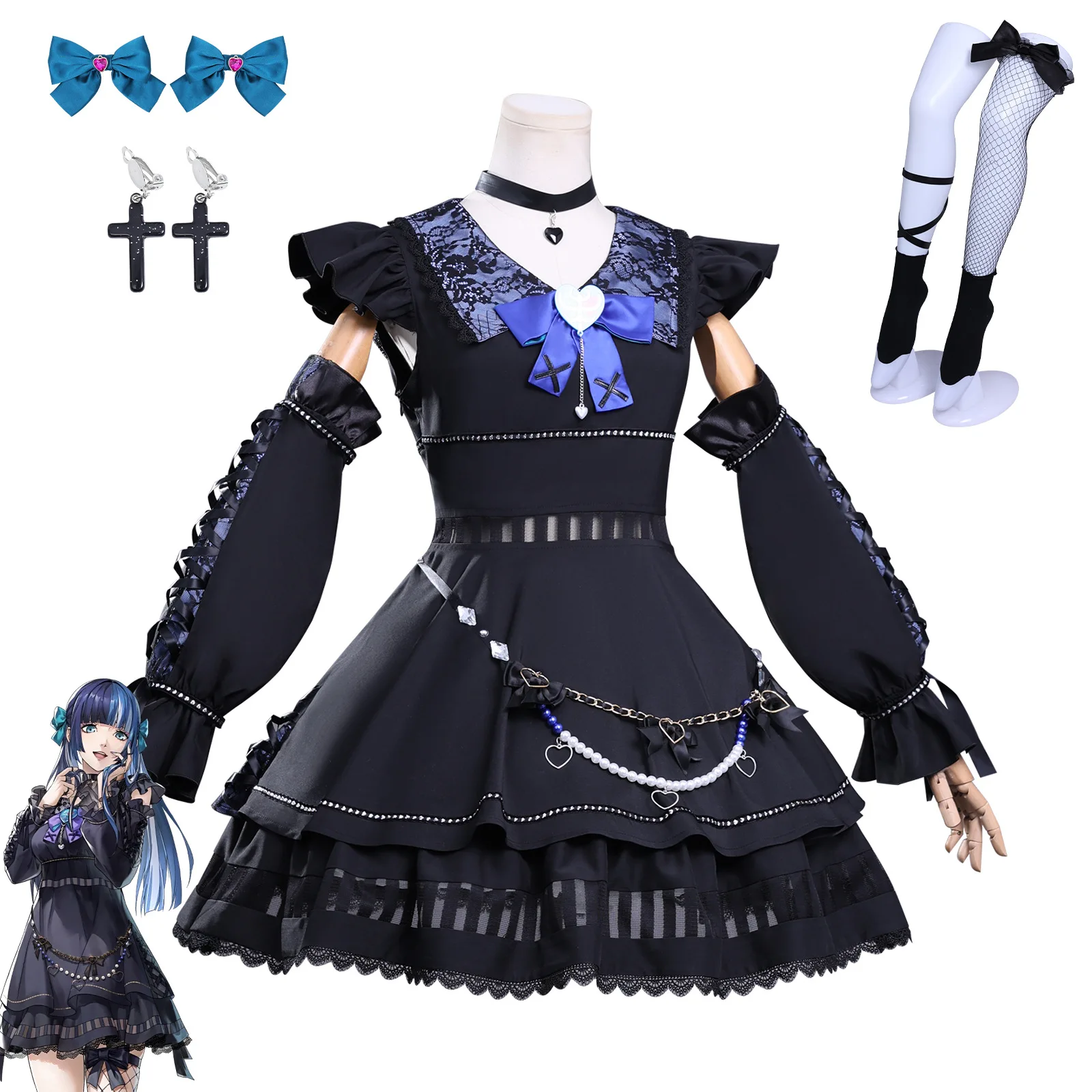 أزياء أنيمي شيكانو إيتشيغو التأثيرية فستان لوليتا أسود تنورة قوطية للنساء والفتيات بدلة حفلات الهالوين #3