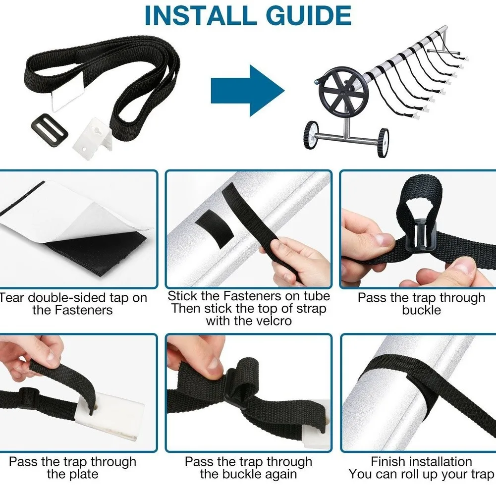 Pool For Solar Blanket Securing System with Reel Compatible Straps Enhances Thermal Retention and UV Protection