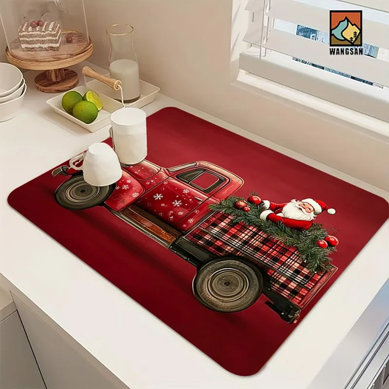 VIKAMA Diatomite Drying Mat, Super Absorbent Quick Dry Non-Slip Kitchen Counter Winter Village Snow Night Decor
