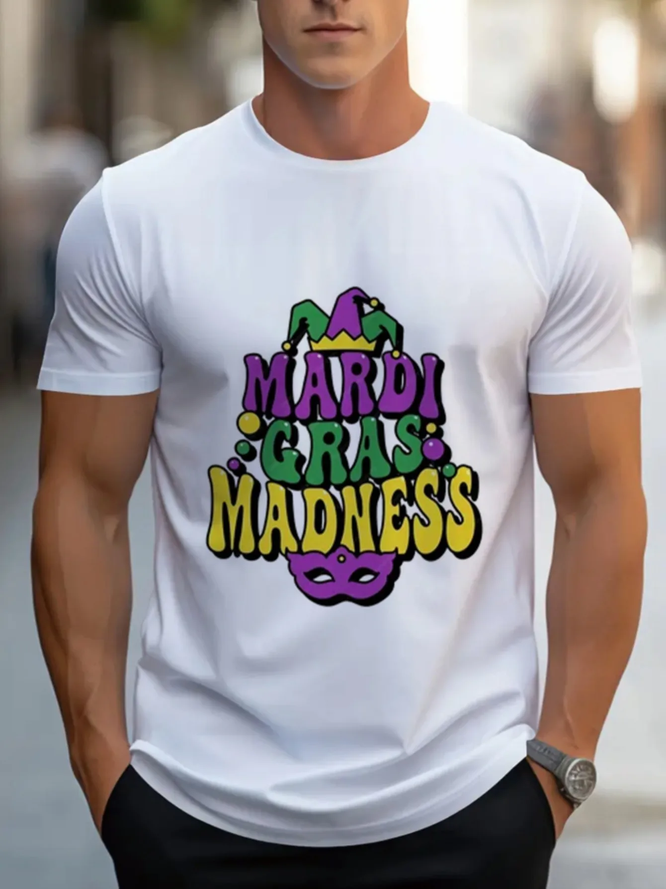 T-shirt à manches courtes en polyester pour homme, idéal pour les fêtes du Mardi Gras, léger, respirant, décontracté, streetwear pour les festivals et célébrations