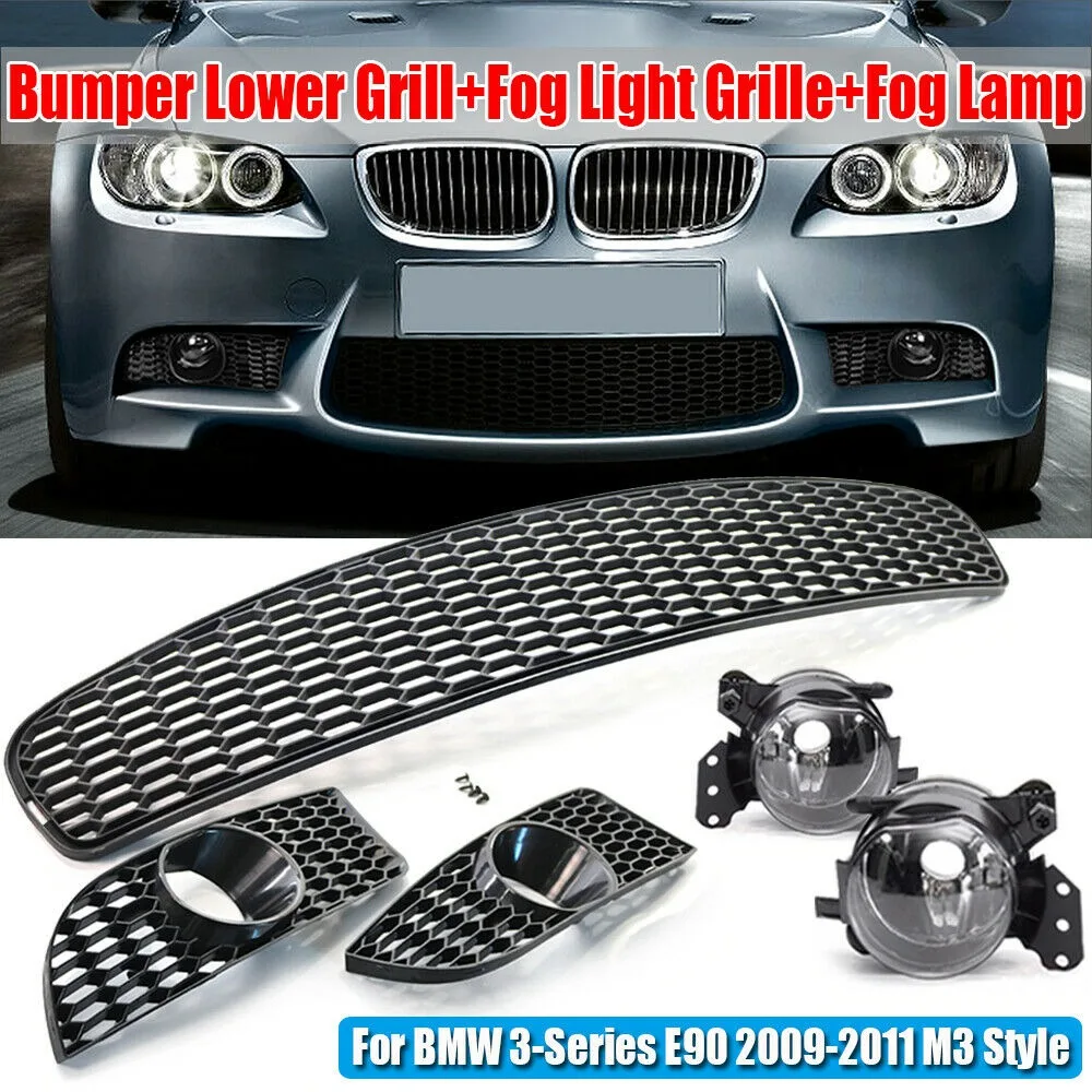 Front Lower Bumper Grille Fog Light Grill + Fog Lamp Kit for BMW 3-Series E90 E92 E93