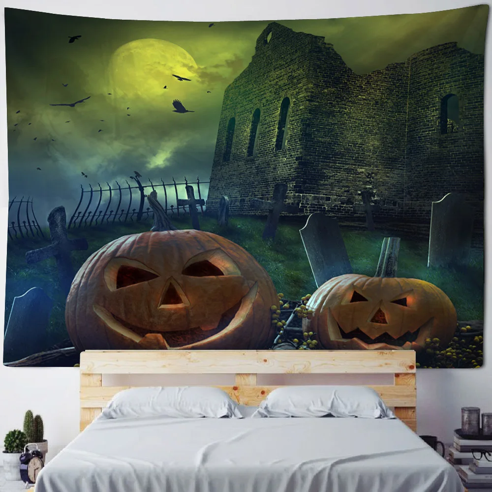 Spukhaus Kürbis Fledermaus Halloween Wandteppich Zimmer Schlafsaal Nacht Mond Hippie Wandbehang böhmische psychedelische Heimdekoration