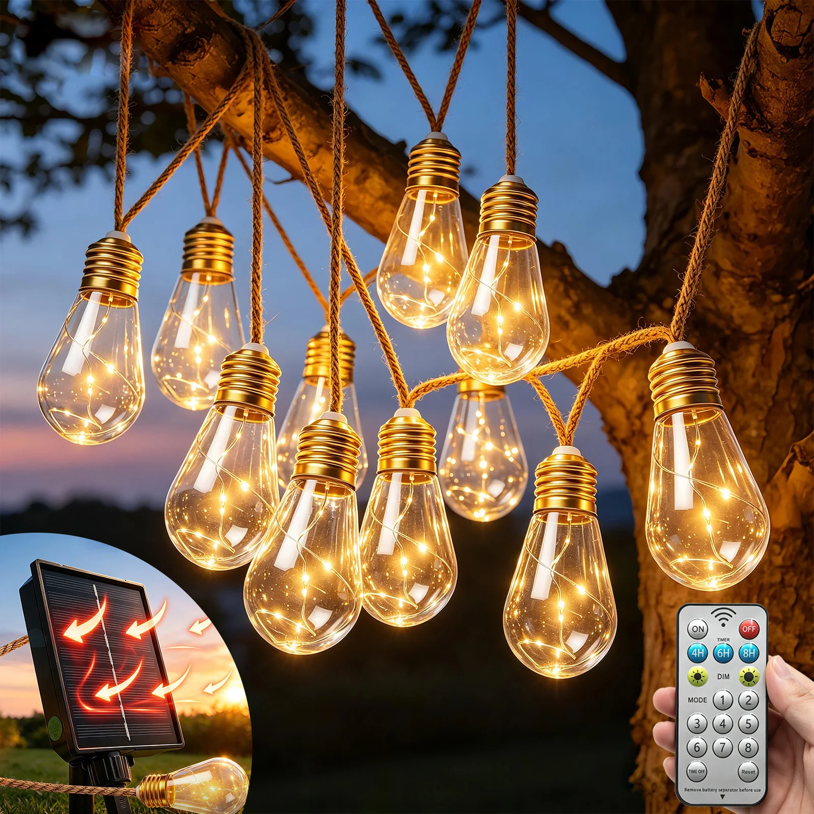 10/16 Bulbs Outdoor Solar Fairy Light 8 Modes Vintage Rope Hemp Solar String Lights for Fence Courtyard Patio Garden Party Decor