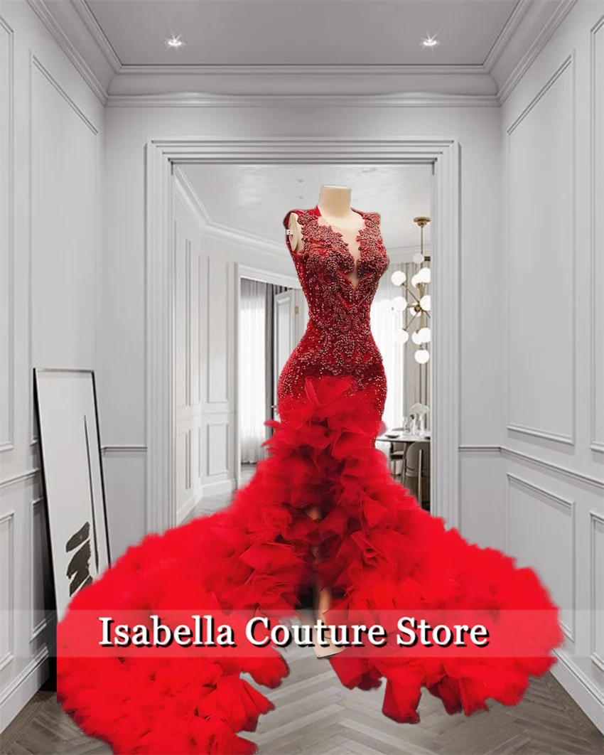 Luxury Red Diamond Long Prom Dresses 2024 For Black Girls Split Ruffle Rhinestones Beading Crystals Birthday Party Customized