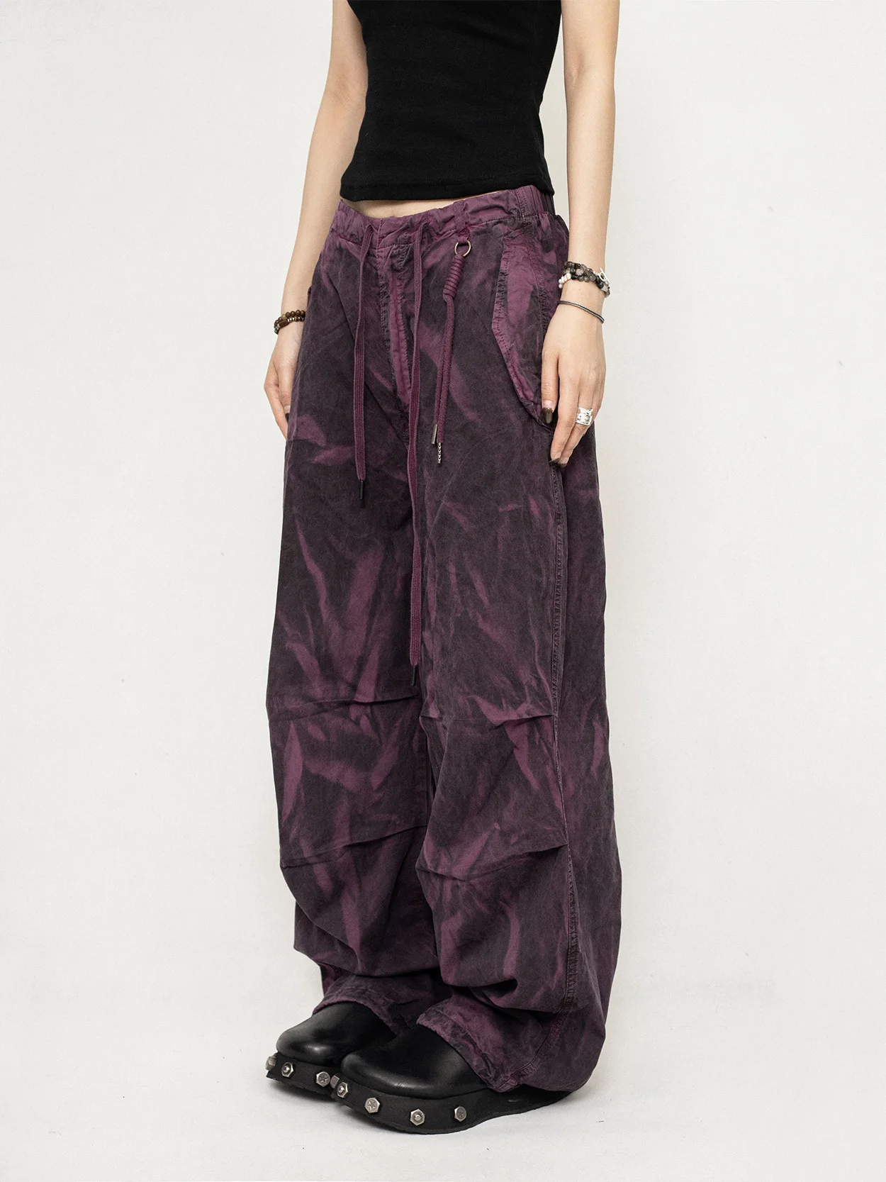 Tie-Dyed Design Purple Wide-Leg Pants Overalls Women's Mopping Wasteland Style