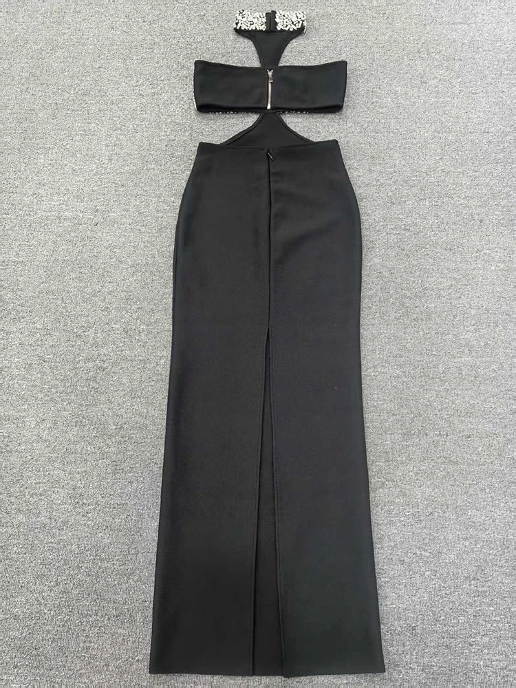 Sexy Halter Neck Cut out Diamonds Bandage Dress Women Black Sleeveless Backless Crystal Bodycon Long Dresses Evening Party Gowns