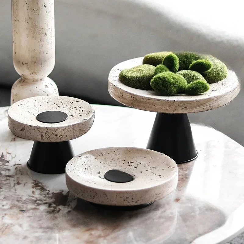 Light luxury high-footed round fruit plate candle holder combination ornament hotel homestay designer imitation yellow travertin