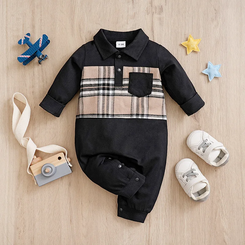 Newborn Baby Boy Clothes Black baby onesie with khaki check print One-piece cotton gentleman\'s spring and autumn pajamas