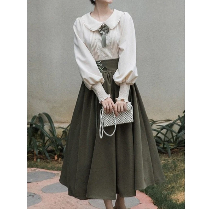 Two Piece Set Women Ruffle Bow Lace Patchwork Shirts Vintage Chic Elegant Sweet Blouses Spring Autumn Bandage Long Skirts Outfit