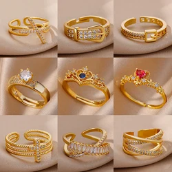 Gold Color Stainless Steel Hoop Rings For Women Exquisite Heart Open Adjustable Ring Fashion Jewelry Wedding Party Gift New