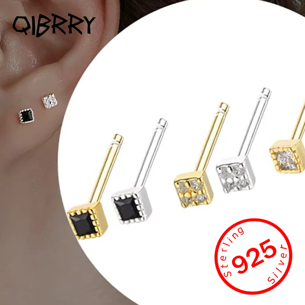 

925 Sterling Silver Mini Cute Cubic Square Stud Earrings with CZ for Women Girls casual Ear Jewelry