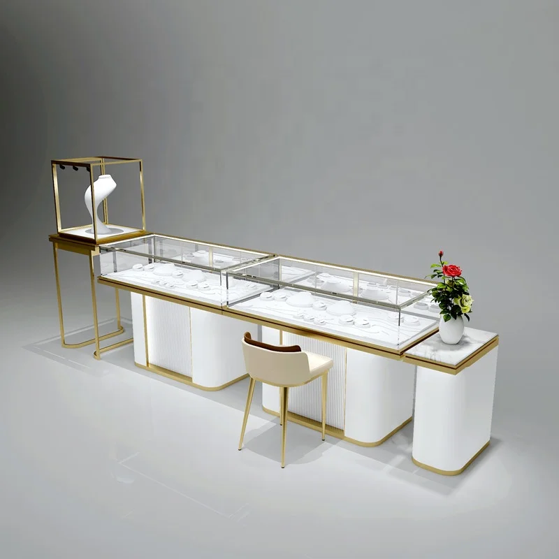 Custom. new fashion jewelry store display showcase tempered glass jewelry showroom display table with LED