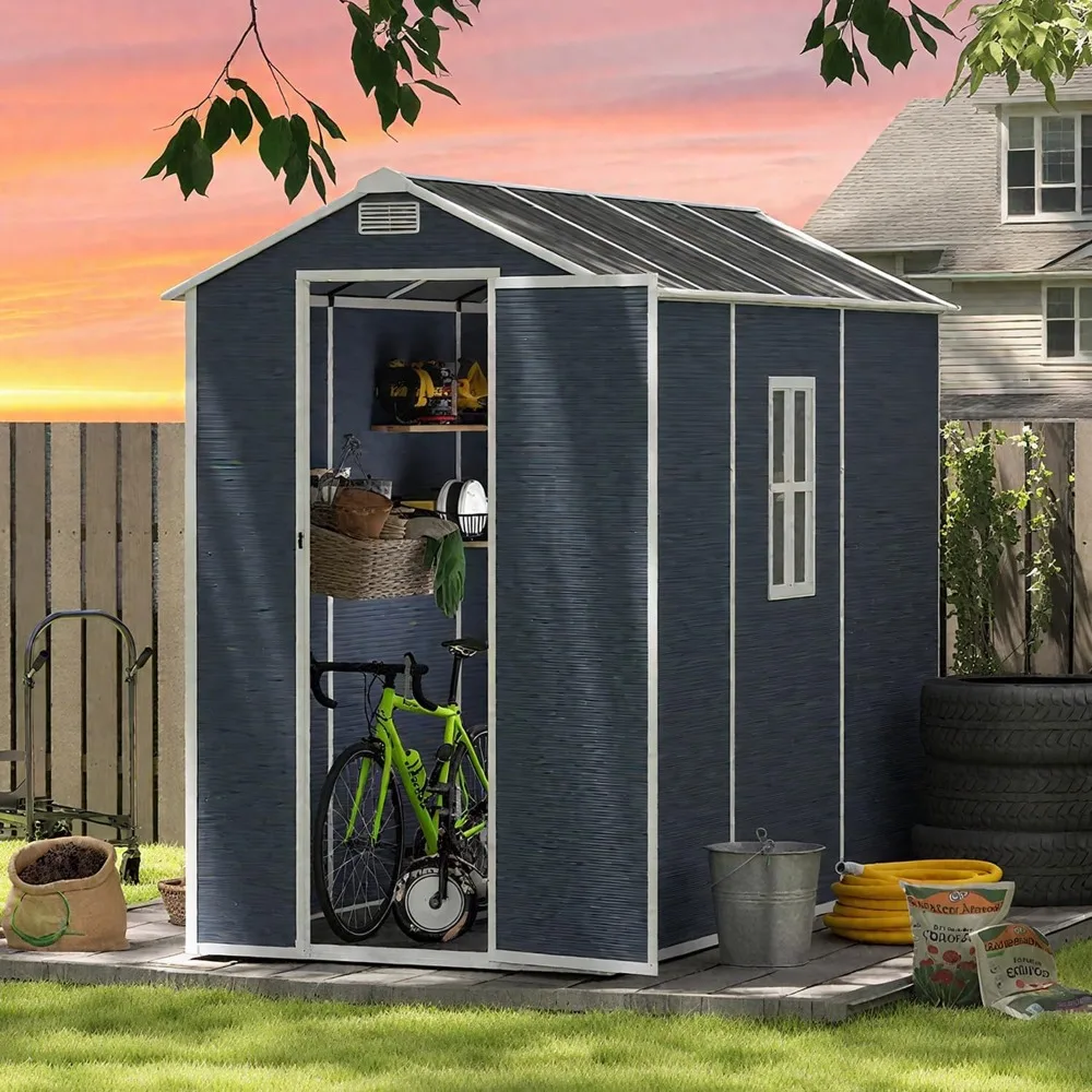 

8x4 FT Outdoor Storage Resin Shed with Floor, Plastic Garden Tool Shed with Sloped Roof, Lockable Door & Windows, Easy to Assemb