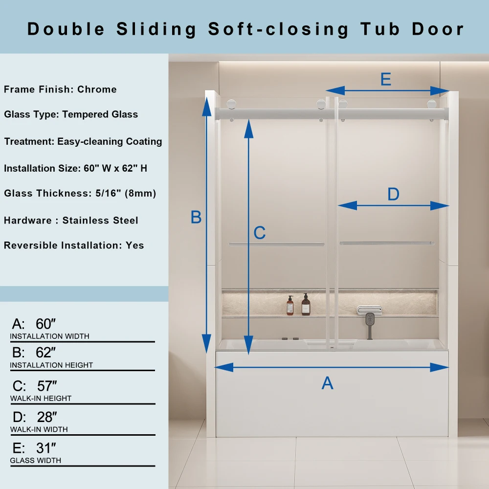 56-60 in. W x 62 in. H Frameless Double Sliding Tub Door, Bypass Tub Shower Door Soft Closing, Chrome