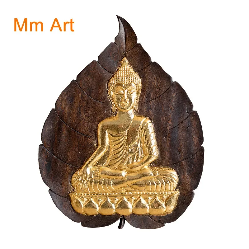 

Thailand Teak Crafts Wall Decoration Living Room Solid Wood Carved Gold Foil Buddha Statue Wall Hanging