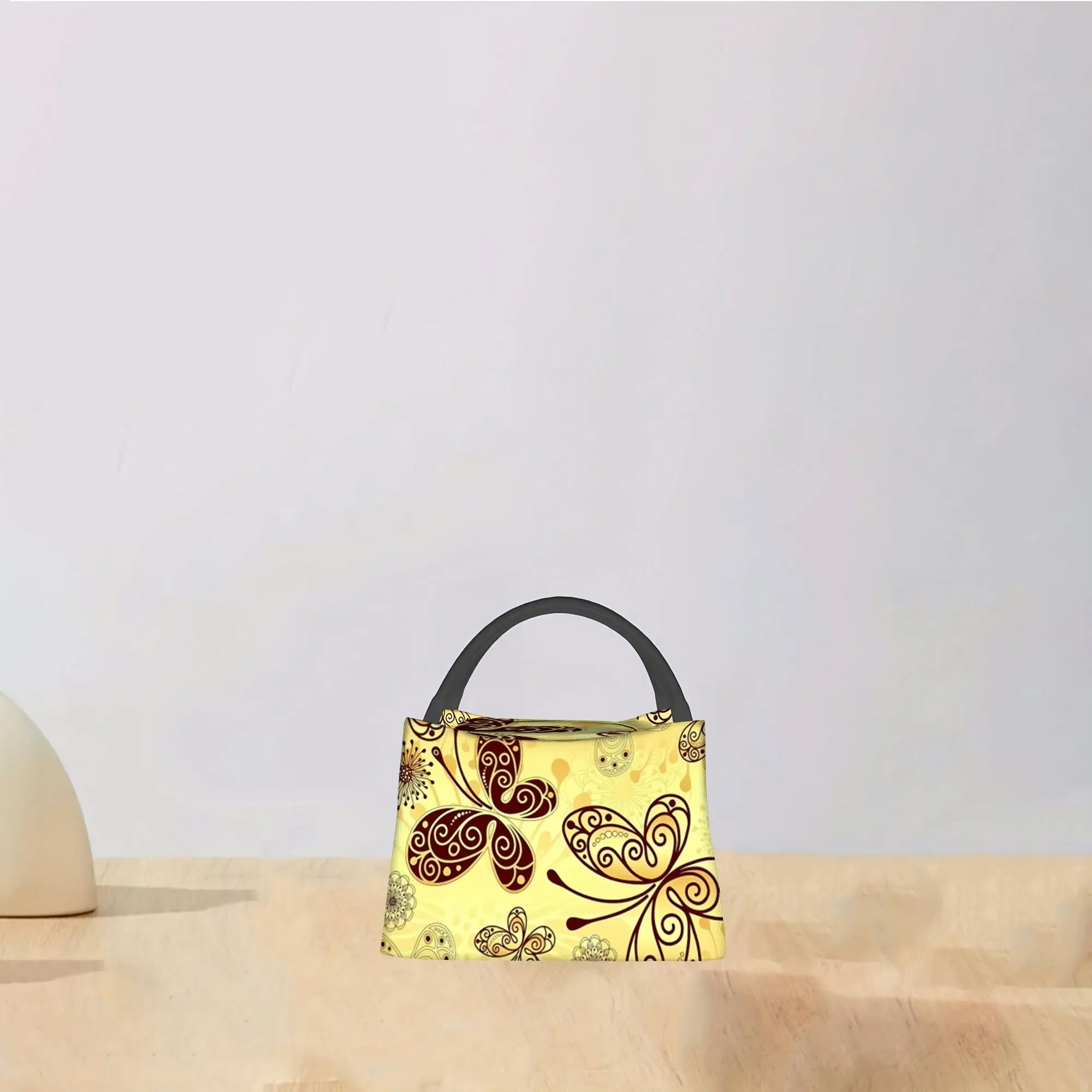 Golden Butterfly Pattern Insulated Tote Bag Portable Reusable Thermal Lunch Bag for Office Picnic Unisex