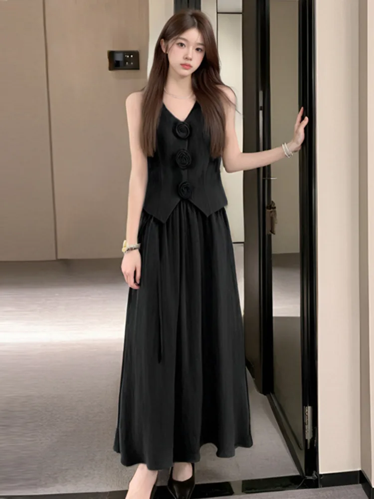 High Quality French 2 Piece Sets Woman Outfit Korean 3D Flowers V-neck Short Sleeveless Top + Long Skirt Suits Ensemble Femmes