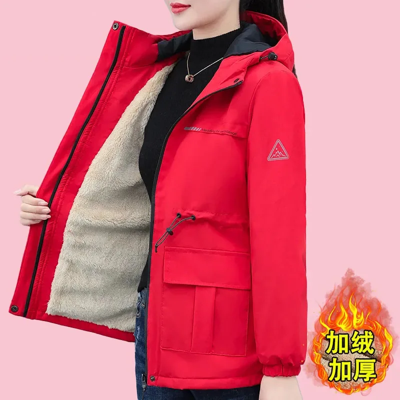 2024 New Autumn And WinterWomen's Overcoat Parka Jacket Plus Velvet Padded Hooded Warm Cotton-Padded Coat For Outdoor Travel