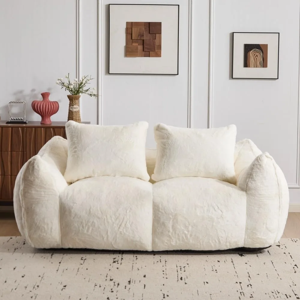 Jumbo Bean Bag Chair, Plush Double Sofa, Luxurious Filling, Cozy Fluffy Couch, Oversized Relaxing Bean Bag with Pair of Pillows