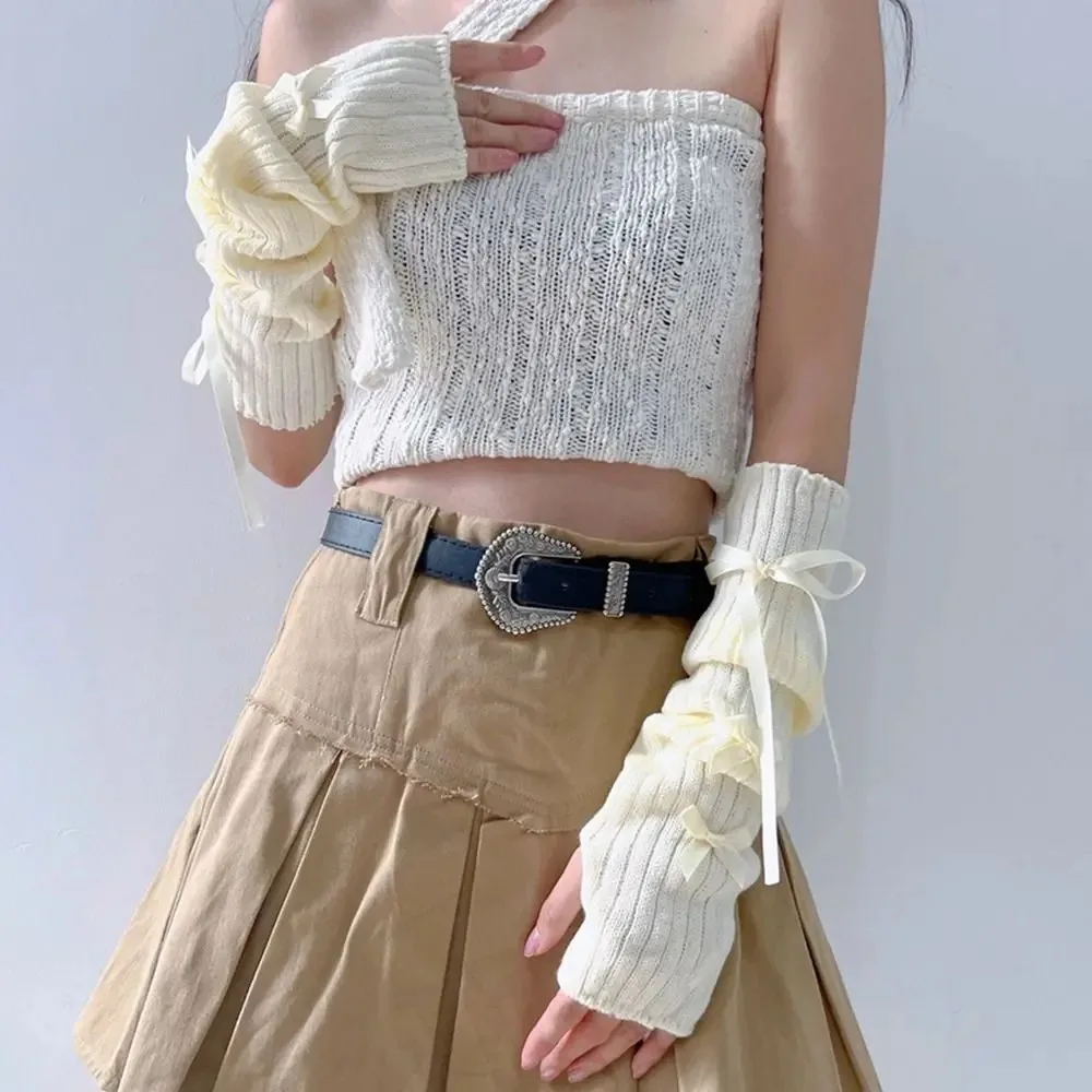 Streetwear Elastic Knitted Bow Arm Sleeves Y2K Ballet Style Half Finger Long Gloves Warm Sweet Arm Warmers Girls