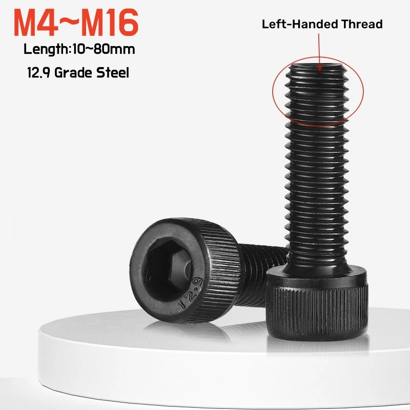Black M4 M5 M6 M8 M10 M12 M16 Left-Handed Thread Hex Socket Head Cap Screw Reverse Thread Allen Bolt 12.9 Grade Steel DIN912