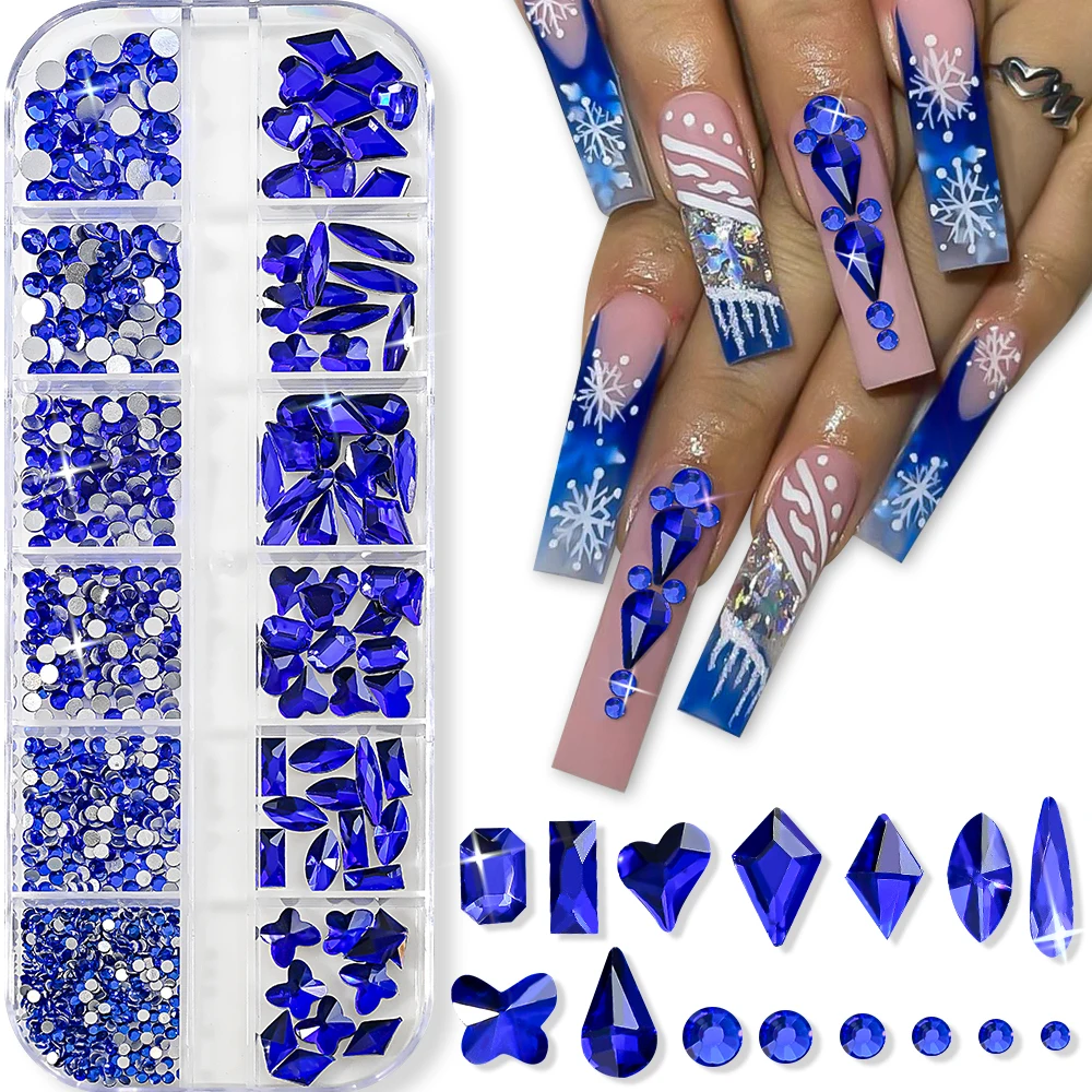 12 rasters/doos blauwe strass nagelbedels gemengd formaat multi-vormen kristal edelstenen nagel sieraden plaksteen diamant steen manicure onderdelen
