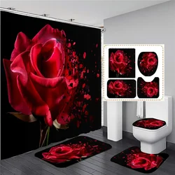 Red Rose Flowers Bathroom Curtains Black Fabric Shower Curtain Set Bath Mats Rugs Toilet Lid Cover Anti-skid Carpet Home Decor