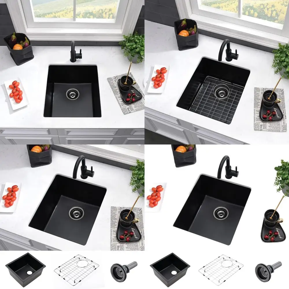 

15 Black Undermount Kitchen Sink - 15x17 Small Quartz Single Bowl Bar Sink with Bottom Grid