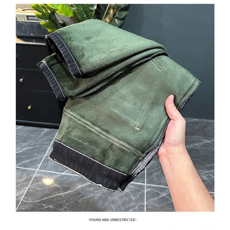 

Зимние мужские утолщенные джинсы на флисовой подкладке 2025 года, теплая мужская мода, модные повседневные эластичные облегающие узкие брюки